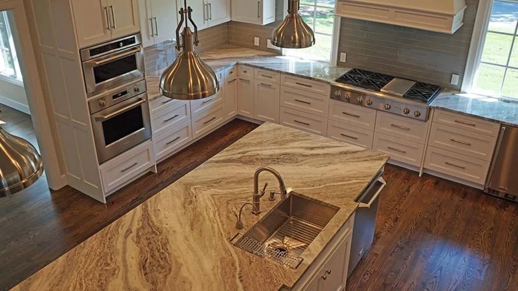 A breathtaking Dolomite countertop transforms this kitchen island into the visual centerpiece of the entire space. modern bathroom suite in white